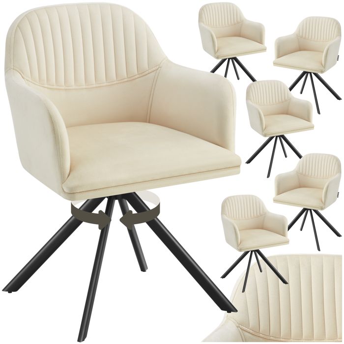 Chaise - TECTAKE - Lot de 6 fauteuils LONA pivotants avec rembourrage épais aspect velours 56 x 59 x 81 cm - Crème/Noir