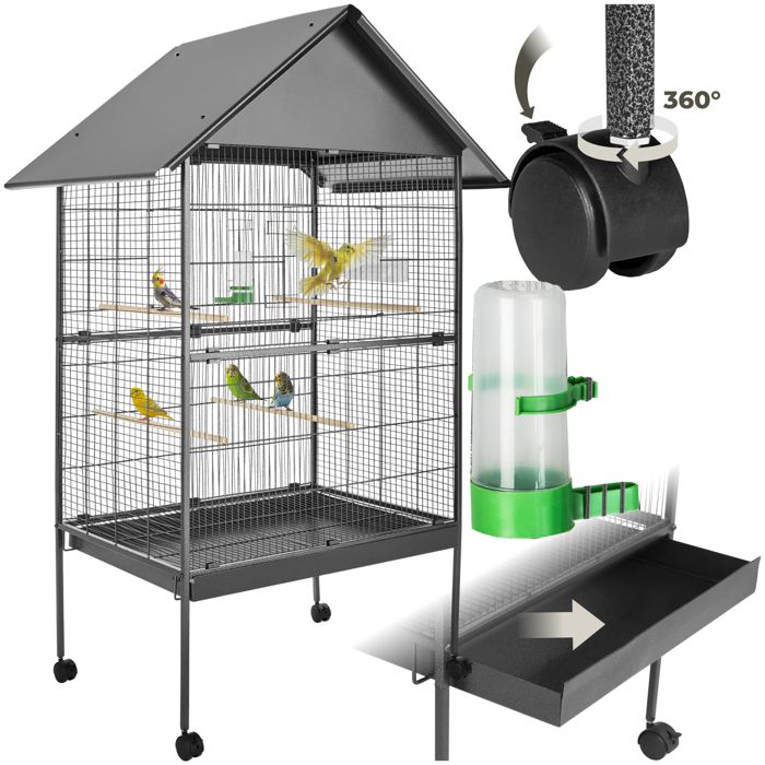 Cage à oiseaux - TECTAKE - Volière à roulettes BUBI en acier avec 1 mangeoire et 4 perchoirs 85 x 60 x 168 cm - Gris anthracite