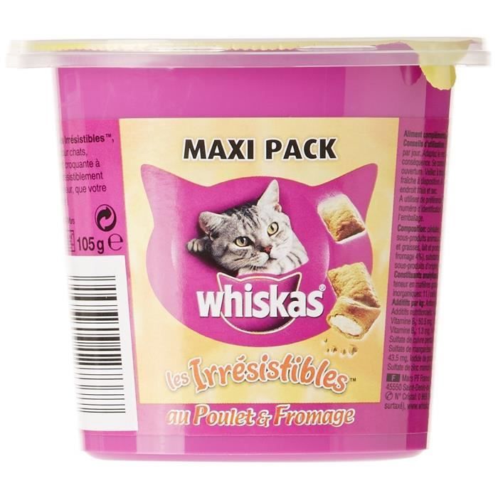 WHISKAS - Les Irrésistibles - Maxi au poulet & au fromage - Friandises pour chats - Boîte de 105 g - Lot de 10: Animalerie