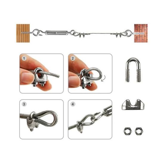 Kit Câble Acier Inoxydable 2 Mm X 20 M Avec Accessoires - Pour Corde à Linge, Plantes Grimpantes, Clôtures - 9