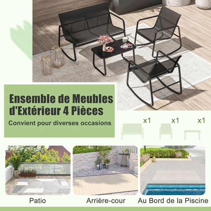 Salon De Jardin 5-6 Personnes - 2 Canapés Doubles, 1 Simple, 2 Tables Basses - Fer Galvanisé, Gris, Housses Amovibles