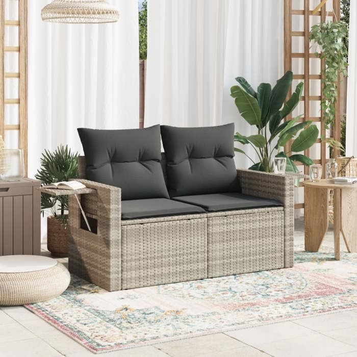 VidaXL Canapé De Jardin 2 Places En Résine Tressée Gris Clair - Avec Coussins Épais Et Table D'Appoint Pliable, Idéal Terrasse Balcon Patio