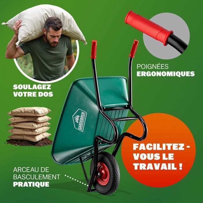 Brouette 2 Roues GARDEBRUKu00ae Brouette 100L Max. 250kg Brouette De Chantier Jardinage Chariot De Transport Roue Gonflable | Leroy Merlin Brouette Jardin