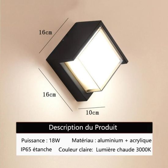 18W LED Applique Murale Lampe Extérieur avec Detecteur de Mouvement Moderne  Noirs 3000K Blanc Chaud Aluminium Luminaire IP65 Étanche Lumière Éclairage