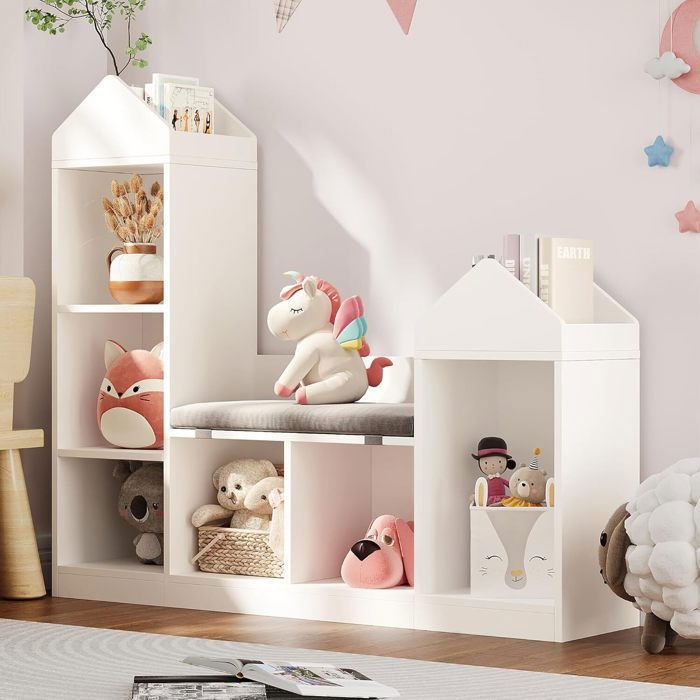 Bibliothèque Enfant 3 étages DUKZURA - Rangement Jouets Et Livres, Métal Et Tissu, Pour Chambre Ou Salon