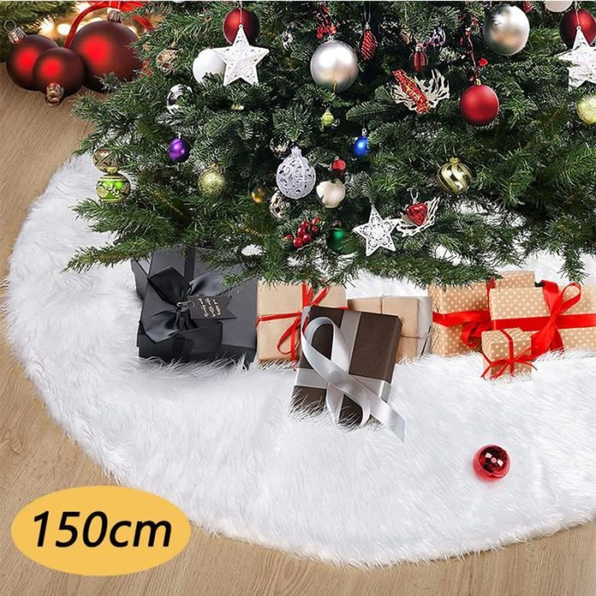 Jupe De Sapin De Noël 120cm En Fausse Fourrure - Tapis Cache-Pied Élégant Pour Arbre De Noël (Rouge)