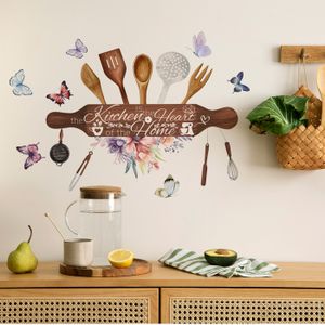 Sticker Murale Cuisine "Cœur De La Maison" - Motif Fleurs, Papillons, Ustensiles - Dimensions 54x37 Cm - Noir