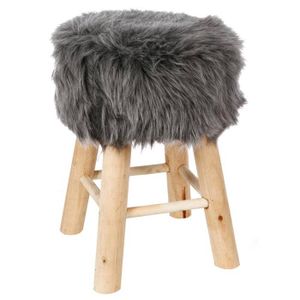 Wedestock Petit Tabouret Effet Fourrure et Pieds Bois Coloris Blanc H 33cm
