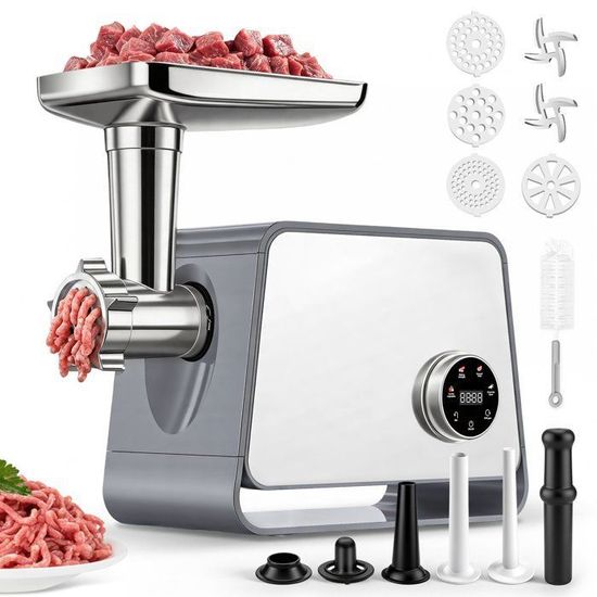 AAOBOSI Hachoir À Viande,Hachoir À Viande Électrique 4-En-1[2800 W Max]Avec 3 Lames Pour Trancher, Déchiqueter,2 Lames,3 Plaques,Farceuse À Saucisses,Kit Kubbe,Pour Cuisine À Domicile,Acier Inoxydable
