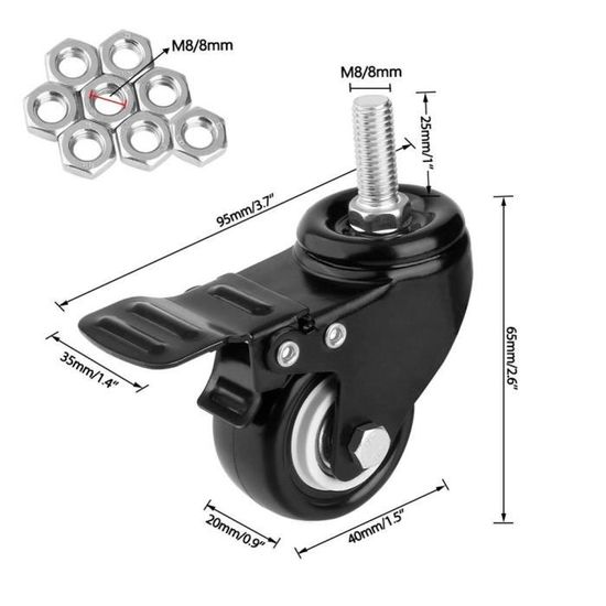 Lot De 4 Roulettes Pivotantes Filetées 3/8-16UNC - Roues PU 5,1cm, Charge 50kg - Pour Meubles, Chariots - Noir