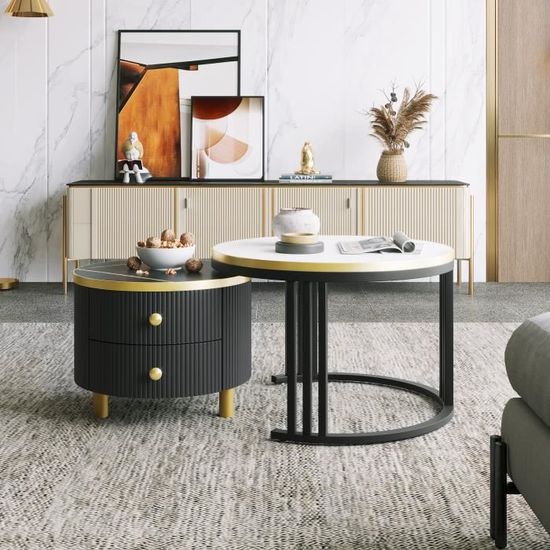Table Basse Ronde Moderne à 2 Niveaux, 80x 80x45cm, Faux Marbre Blanc Et Pieds En Métal Doré, Table Centrale Circulaire - Maison