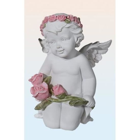 Statuette Ange à Genoux Avec Bouquet - 11,5 Cm, Résine Blanche Et Rose