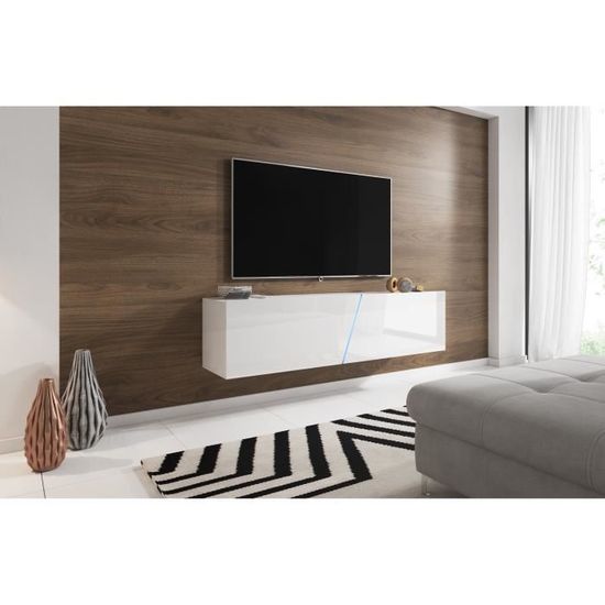 3xEliving Meuble TV suspendu moderne et tendance ACZI blanc / blanc brillant 160cm LED