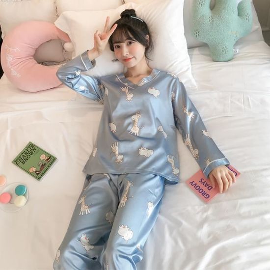 Pyjama femme long KISBINI nouveau Imitation soie Pyjamas ensemble femmes ete maison costume a manches longues feuille imprime ensem G Cdiscount Pret a Porter