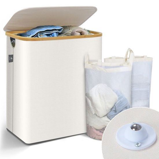 Panier à Linge Pliable 3 Compartiments RETSAMV – 160L/145L, Avec Sacs Amovibles, En Oxford Et Bambou, Pour Buanderie Ou Chambre