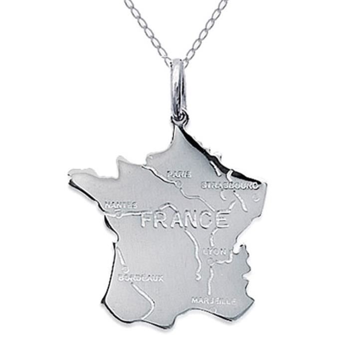 Lot pendentif carte France en Argent 925 + Chaîne Argent 45cm