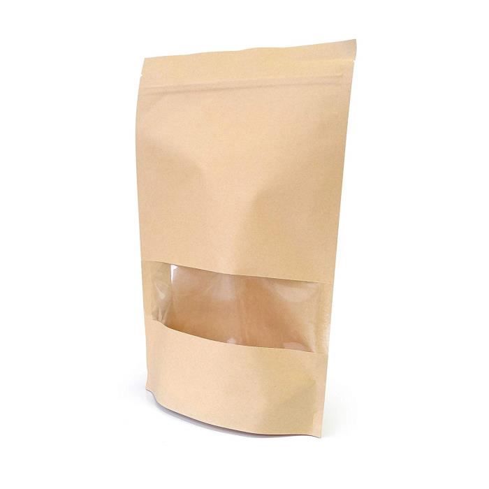 50Pcs 14*22cm Sac de Fermeture à Glissière Sachet Zip Kraft Papier alimentaire petit pochettes avec cran et matte fenêtre
