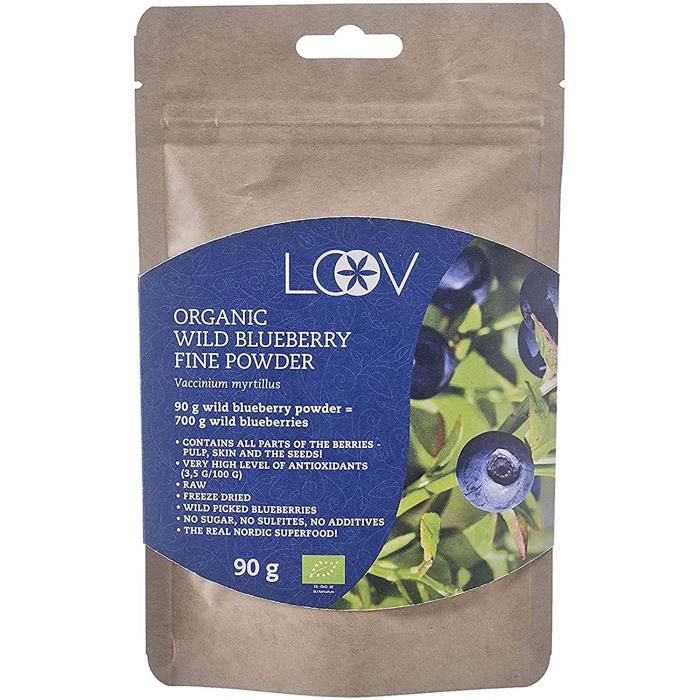 Poudre de myrtilles bio sauvages de LOOV, cueillies dans les forêts nordiques, 100 % de bleuets entiers, 90 g, Myrtilles lyophilisée