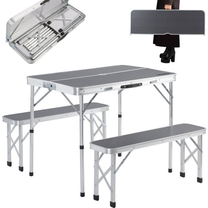 Table de Camping XXL 2 bancs pliants gris Aluminium MDF poignée Transport 90x60x70cm Ensemble Camping Table de Jardin
