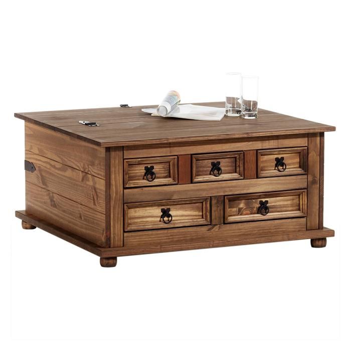 Table basse coffre rangement pin massif style mexicain lasuré brun