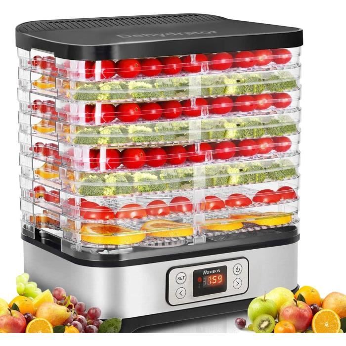 Déshydrateur Alimentaire 8 Plateaux Sans BPA Thermostat Réglable LCD Minuterie 0 -72H Déshydrateur Fruit Légume 400W +Plat de fruits