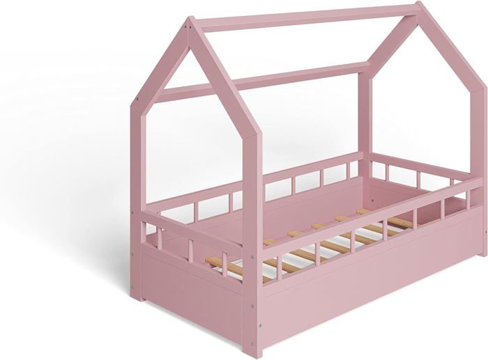 MS FACTORY Lit Enfant Bébé Maison 70x140 cm - Lit en Massif Cabane - Style Scandinave - Rose Barrières