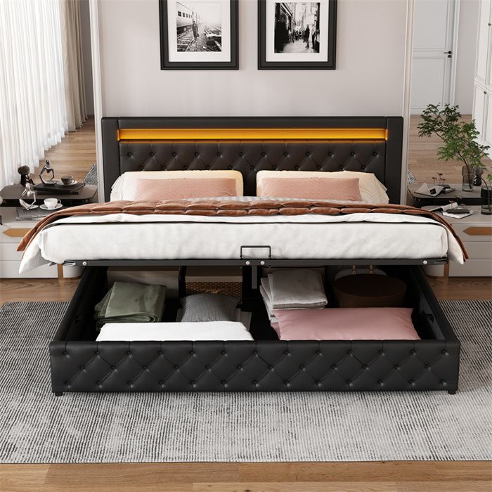 Lit coffre 160x200 cm - Lit LED rembourré de rangement avec sommier à lattes + tête de lit cadre de lit en PU - Noir