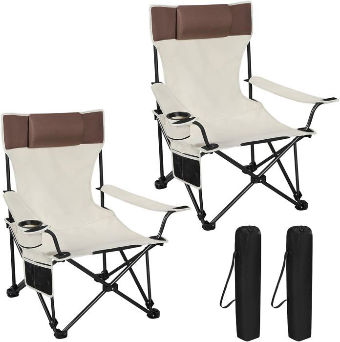 woltu 2x chaise de camping, fauteuil de pêche pliable avec appui-tête, porte-gobelet, poche de rangement, charge 150kg, beige