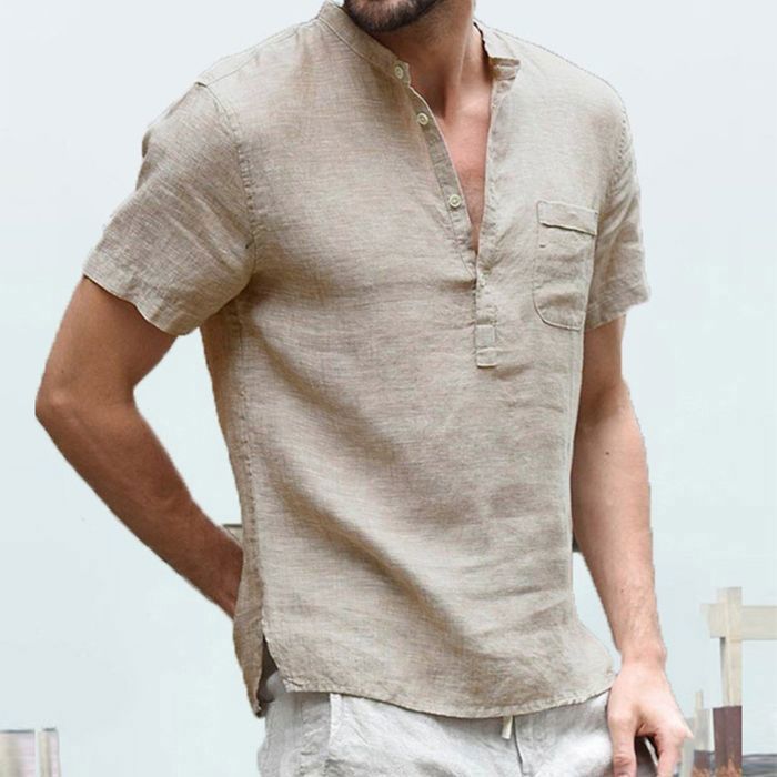 Chemise Homme Lin Coton Été – Manches Courtes Respirante, Col Mao Décontractée, Légère Et Confortable