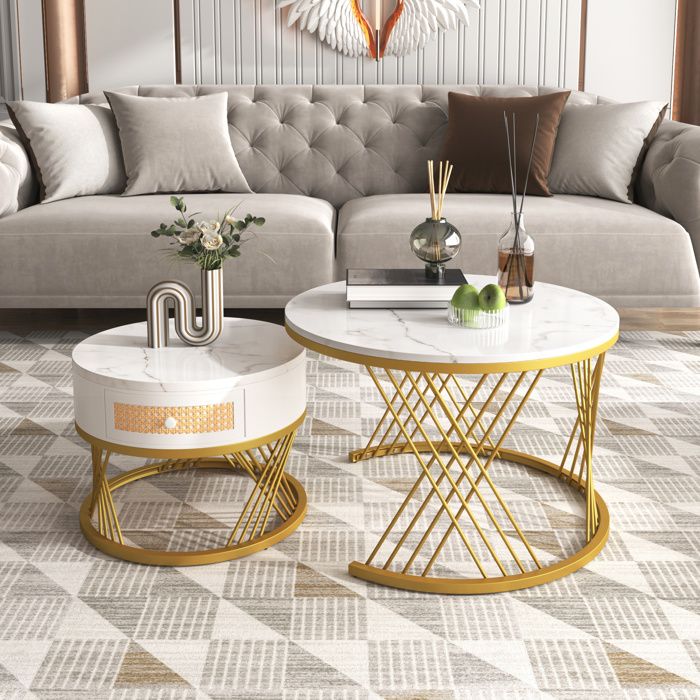 2 en 1 Tables basses gigognes ronde Plateau en marbre 1 tiroir Pieds métal 70x70x455+50x50x385cm