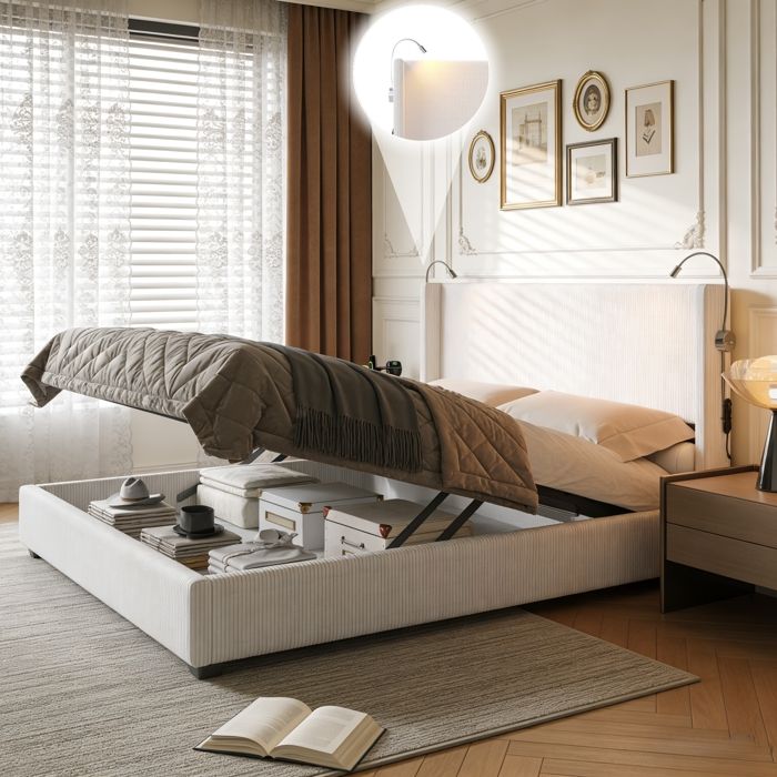 Lit Double 140x200 Cm Avec Rangement Hydraulique - Tête De Lit Avec Lampes De Lecture - Sommier à Lattes - Velours Beige