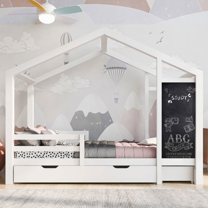 Lit enfant cabane 90x200cm - avec tiroirs et tableau noir - bois massif - blanc