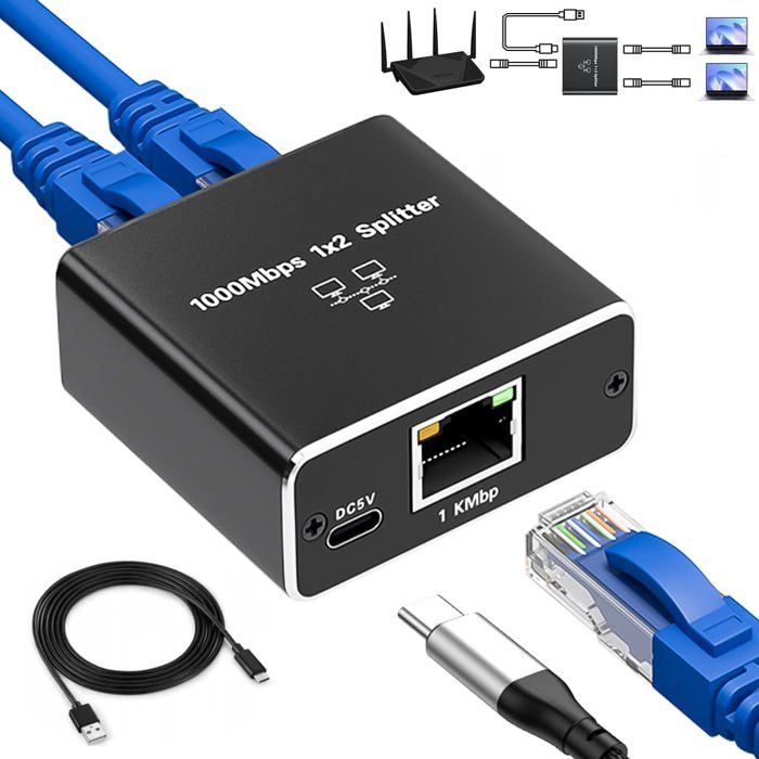 Switch Ethernet 2 Ports Gigabit - Splitter RJ45 1000 Mbps | Alimentation USB | Pour PC, Routeur, TV | Plug & Play