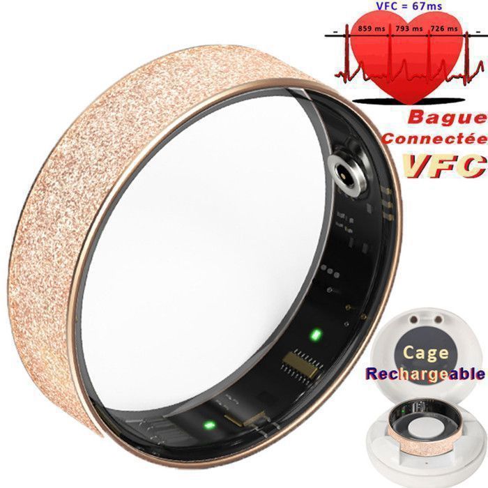 XtraDiTech Montre Connectée Sport Bague Connectée VFC - Diamantée Dorée - 26mm - Fréquence Cardiaque - SpO2 - Sommeil Ø 181mm