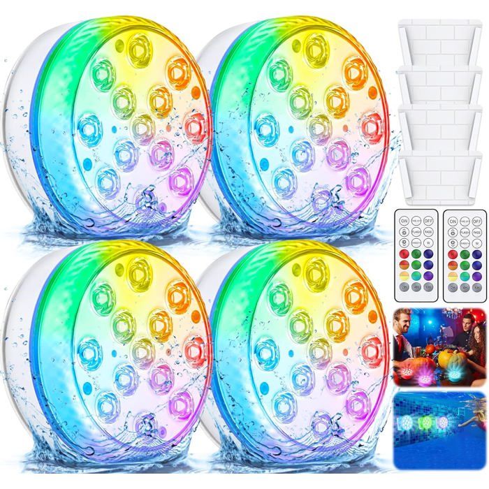 Lumiere piscine 4 Pcs LED Piscine Sous leau 16 RGB LED Eclairage Piscine Télécommande Lampes IP68 Etanche lumière piscine