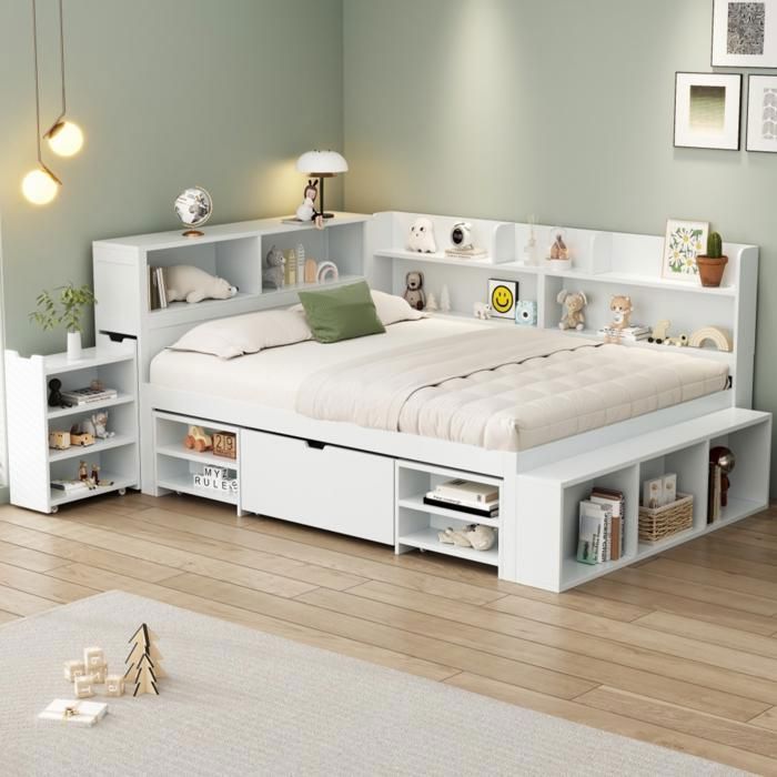 Lit enfant 140 x 200 cm Lit double multifonctionnel avec tiroirs bibliothèque et meuble de rangement sommier à lattes - blanc