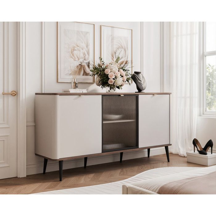 Commode Salon avec Vitrine NAVANI - Commode Chambre - 160x40x82 cm - 3 portes - Cachemire/noyer
