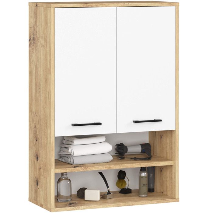 Armoire salle de bains suspendue AKORD FIN Chêne Artisan 64 cm 2 portes façade Blanche 4 étagères 64x30x94 cm Armoire salle de bains suspendue AKORD FIN Chêne Artisan 64 cm 2 portes façade Blanche 4 étagères 64x30x94 cm