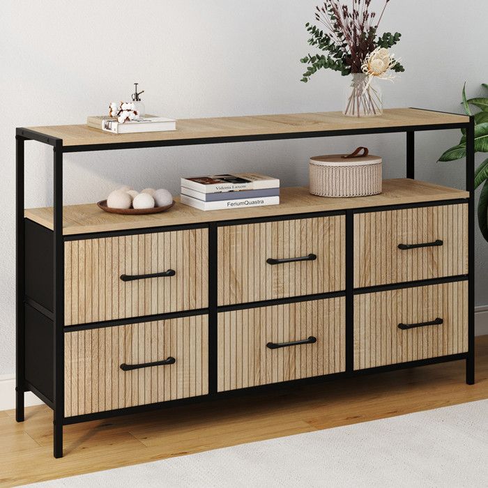 IDMARKET Commode 6 tiroirs en tissu UTAH 115 CM avec niche effet lattes meuble de rangement design industriel IDMARKET Commode 6 tiroirs en tissu UTAH 115 CM avec niche effet lattes meuble de rangement design industriel