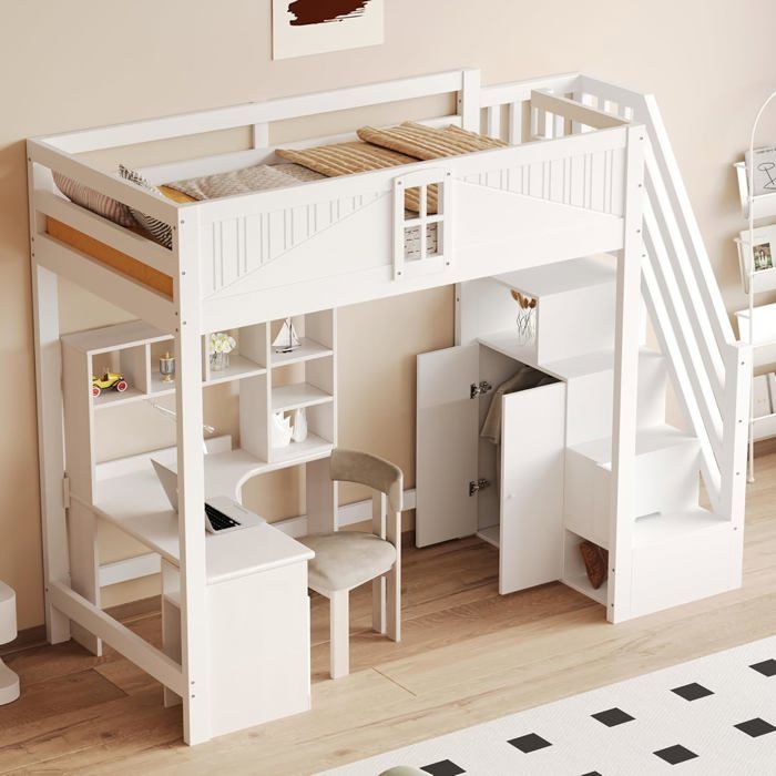 Lit mezzanine 90x200 cm pour enfants adolescents avec armoire échelle de rangement protection anti-chute - Blanc