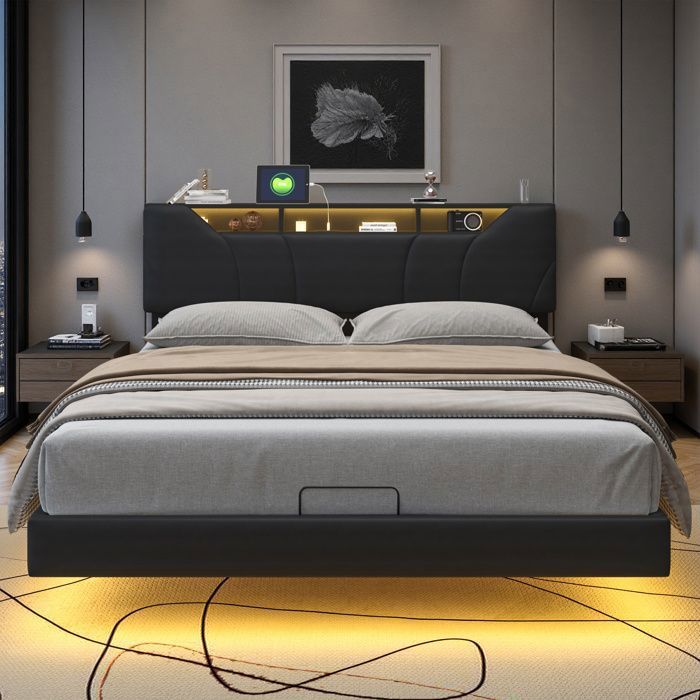 Lit 160x200 cm - COZY - tissu en PU - LED ET USB - sommier - cadre de lit adulte 160x200 cm - noir Lit 160x200 cm - COZY - tissu en PU - LED ET USB - sommier - cadre de lit adulte 160x200 cm - noir