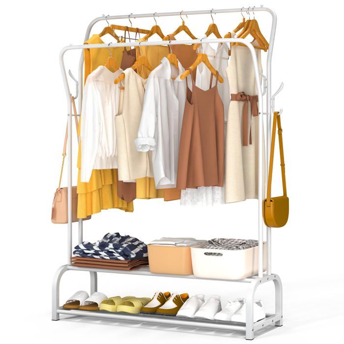 VOUNOT® Portant à Vêtements Double Tringle avec 2 Niveaux Étagères à Chaussures et 4 Crochets Latéraux - 110x35x146cm - Blanc