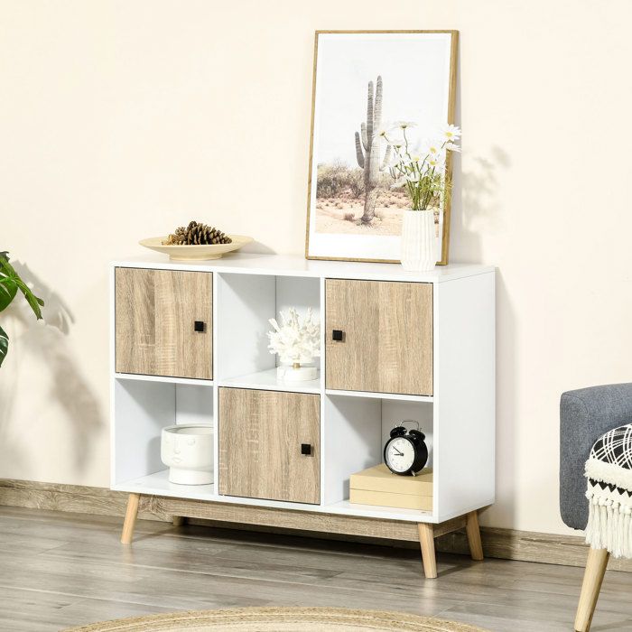 Commode Chambre Buffet Meuble de Rangement sur pied avec 6 cubes - Blanc et Aspect Bois - dim. 96L x 30P x 75H cm