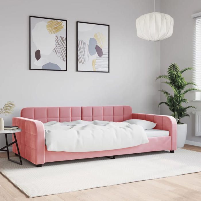 Lit de repos en velours - UU - Rose - 100x200 cm - 2 en 1 canapé-lit - Rembourré de mousse - Cadre métal et bois massif