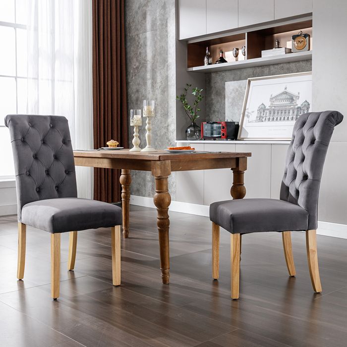 Lot de 2 Chaises de Salle à Manger - Haut Dossier - Assise Rembourrées - Pieds en Bois Chêne - Velours - Gris