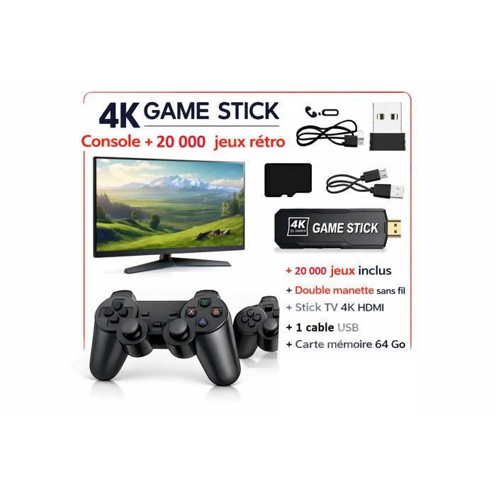 Console jeux video Rétro Gaming HDMI 4K Stick – 64 Go – 20 000 Jeux – 2 Manettes Sans Fil – Multijoueur