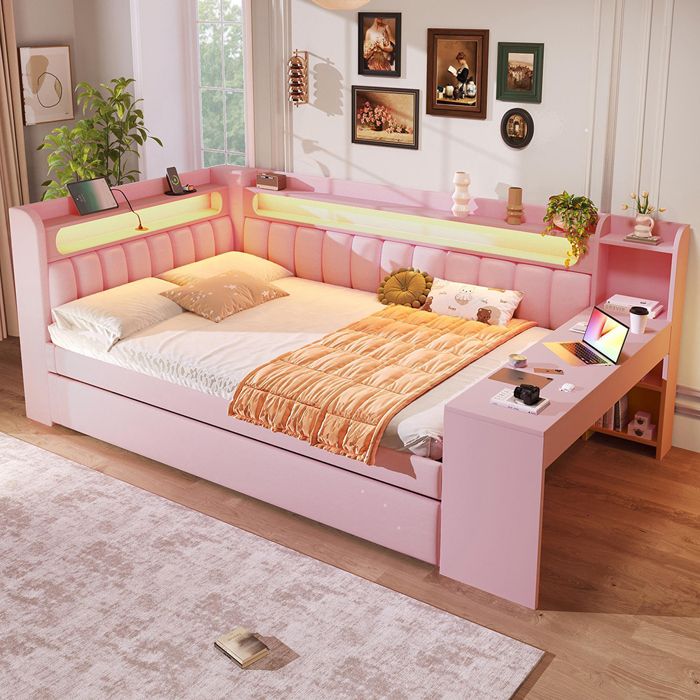 Lit de Repos 140x200 cm Gigogne Intégré Bureau LED & USB Rose Pastel Lit de Repos 140x200 cm Gigogne Intégré Bureau LED & USB Rose Pastel