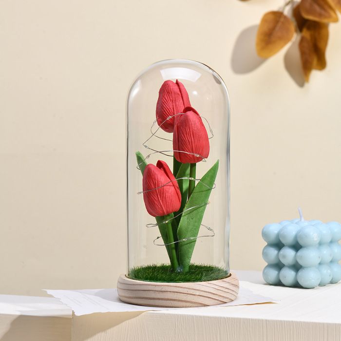 Lampe Tulipe sous Cloche en Verre Veilleuse Décorative Cadeau Fête des Mères (Rouge)