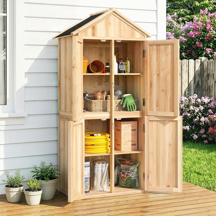Armoire de Jardin en Bois Abri à Outils Rangement Extérieur Toit en Pointe en Asphalte 82x50x190cm Bois Naturel