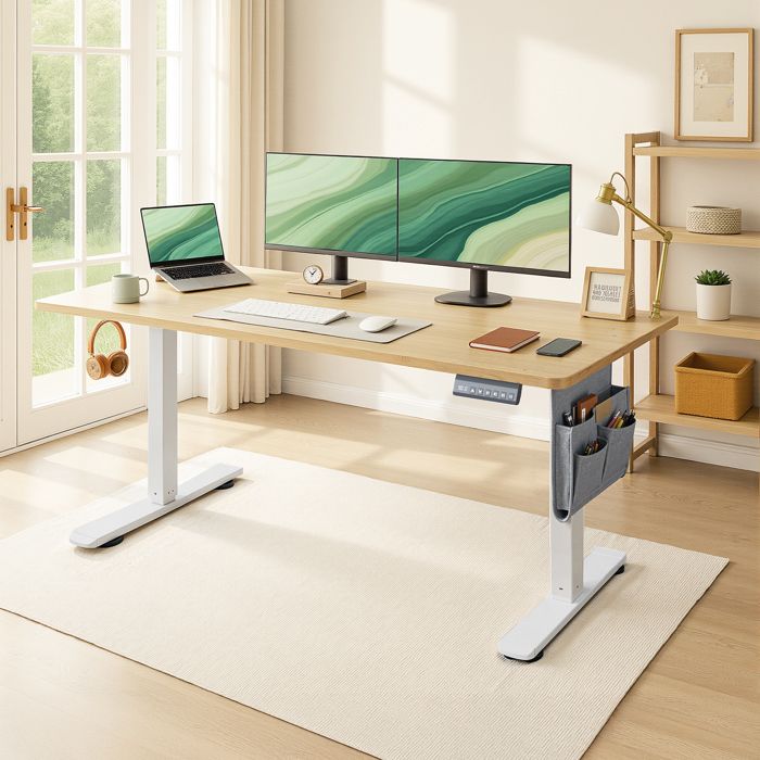 Bureau Réglable en Hauteur 180 x 80 cm Fonction Mémoire Port USB-C Couleur Chêne